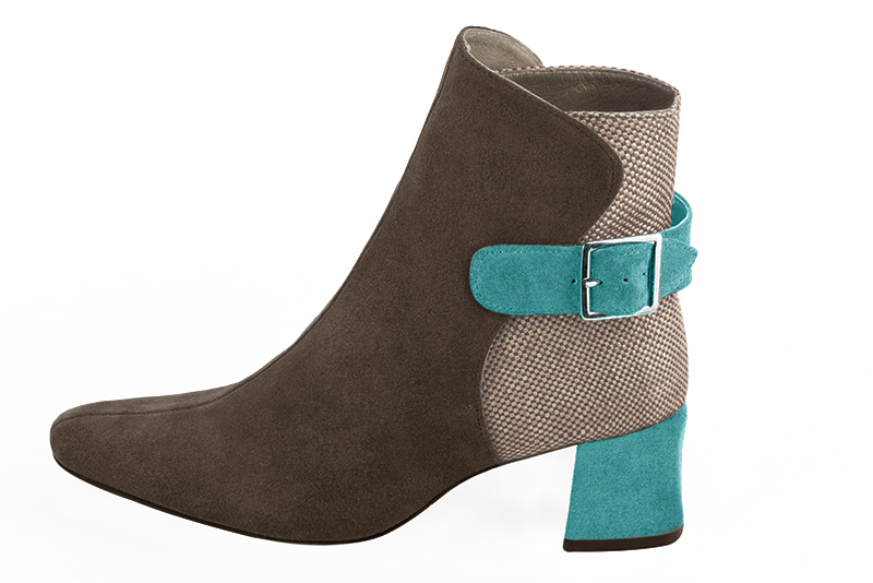 Chocolate brown, natural beige and aquamarine blue women's ankle boots with buckles at the back. Square toe. Medium block heels. Profile view - Florence KOOIJMAN